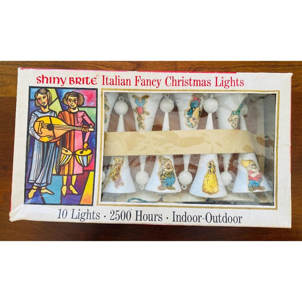 Vintage Shiny Brite Italian Fancy Christmas Lights Snow White Themed 7 Dwarfs Wo